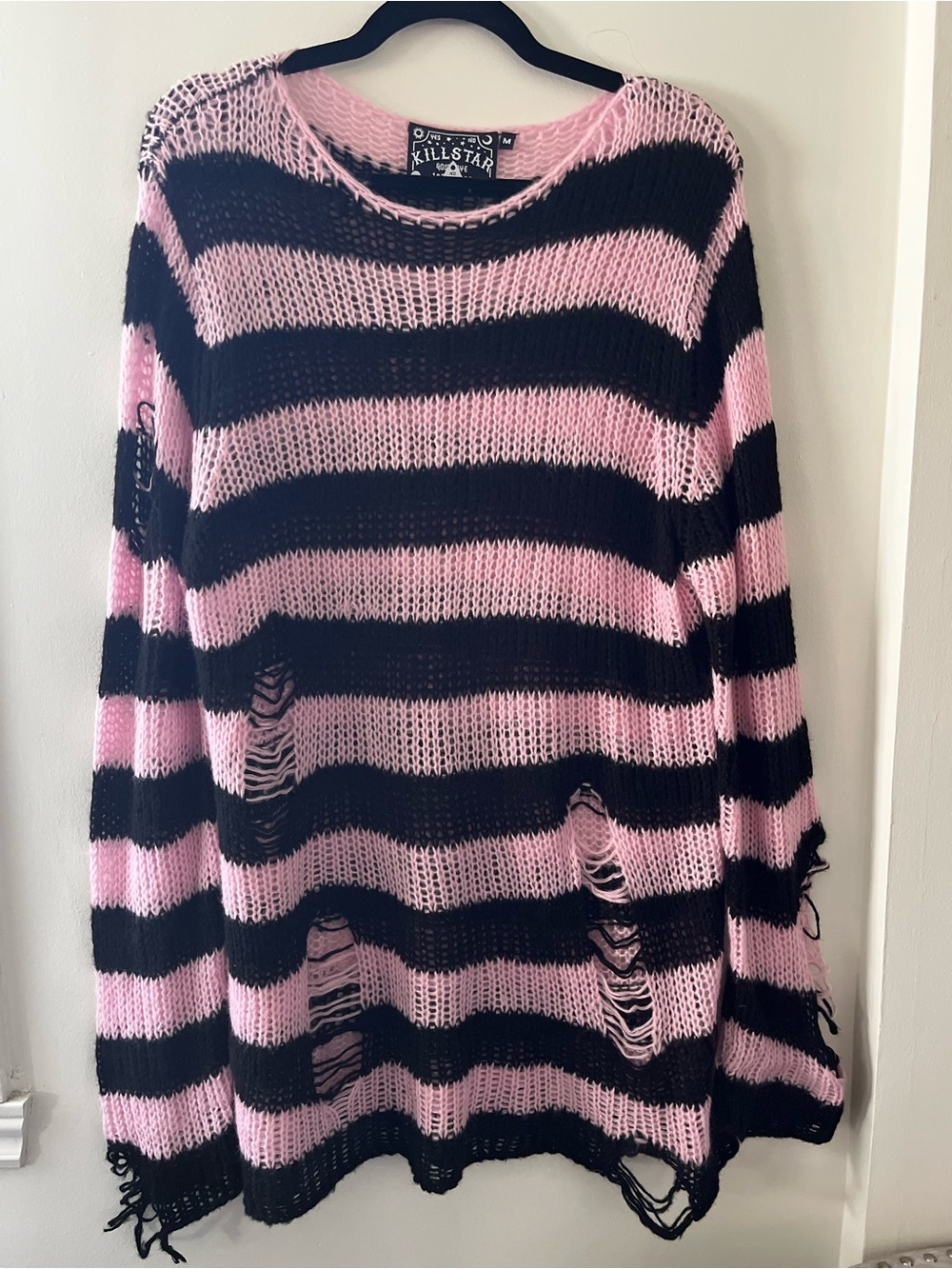 RARE Killstar Pink and Black Distressed Open Knit Sweater